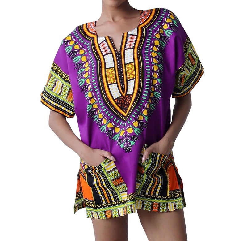 DA'IKI Dashiki Cotton Shirt African Tribal Kaftan Boho Caftan Unisex, Large, Dashiki - Vibrant Purple - Image 2