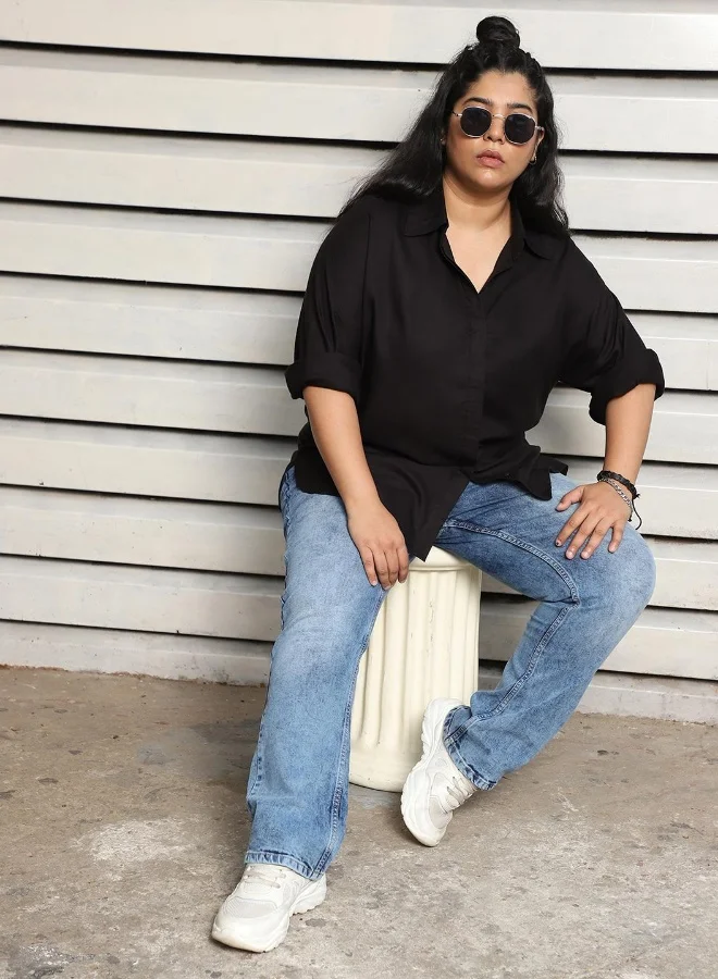 هاي ستار قميص نسائي أسود رايون سادة بأزرار بقصة مريحة