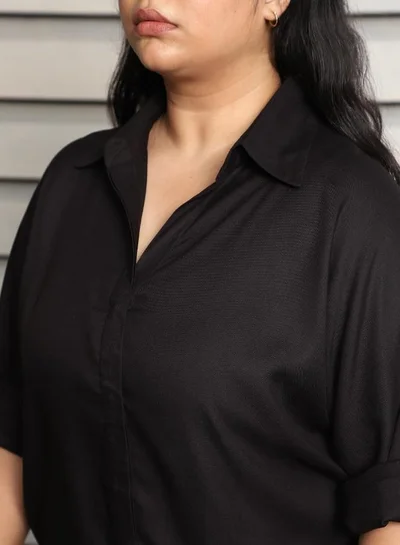 HIGH STAR Women's Black Rayon Solid Pattern Button Down Relaxed Shirt