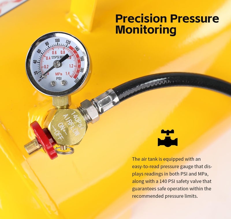 Maxworks MaxWorks 51010 Portable 5 Gallon Air Tank with Pressure Gauge and Safety Valve Lightweight Durable Construction with 40 Inch Hose for Easy Tool Connections 140 PSI Max  - Image 4