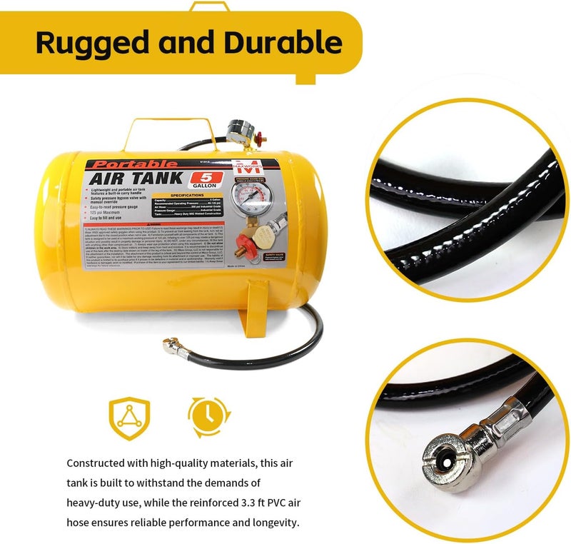 Maxworks MaxWorks 51010 Portable 5 Gallon Air Tank with Pressure Gauge and Safety Valve Lightweight Durable Construction with 40 Inch Hose for Easy Tool Connections 140 PSI Max  - Image 3