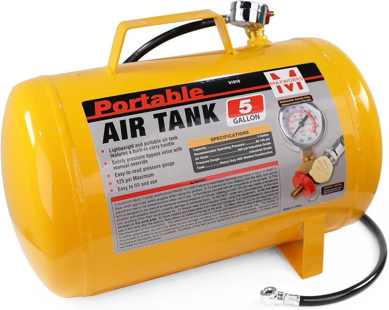 Maxworks MaxWorks 51010 Portable 5 Gallon Air Tank with Pressure Gauge and Safety Valve Lightweight Durable Construction with 40 Inch Hose for Easy Tool Connections 140 PSI Max  - Image 1