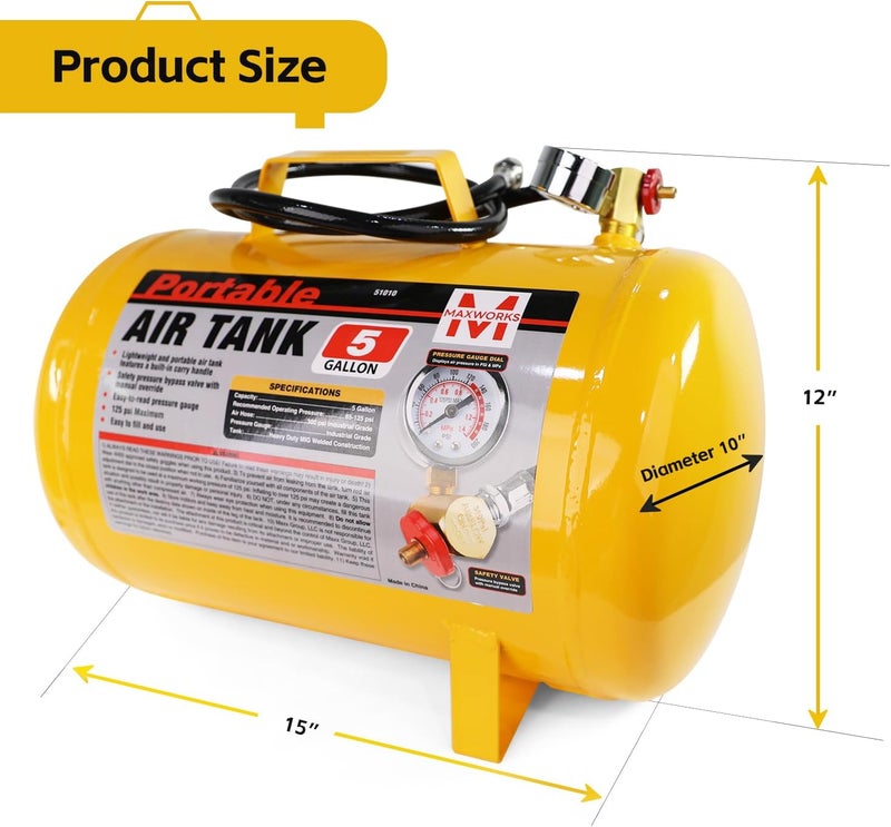 Maxworks MaxWorks 51010 Portable 5 Gallon Air Tank with Pressure Gauge and Safety Valve Lightweight Durable Construction with 40 Inch Hose for Easy Tool Connections 140 PSI Max  - Image 2