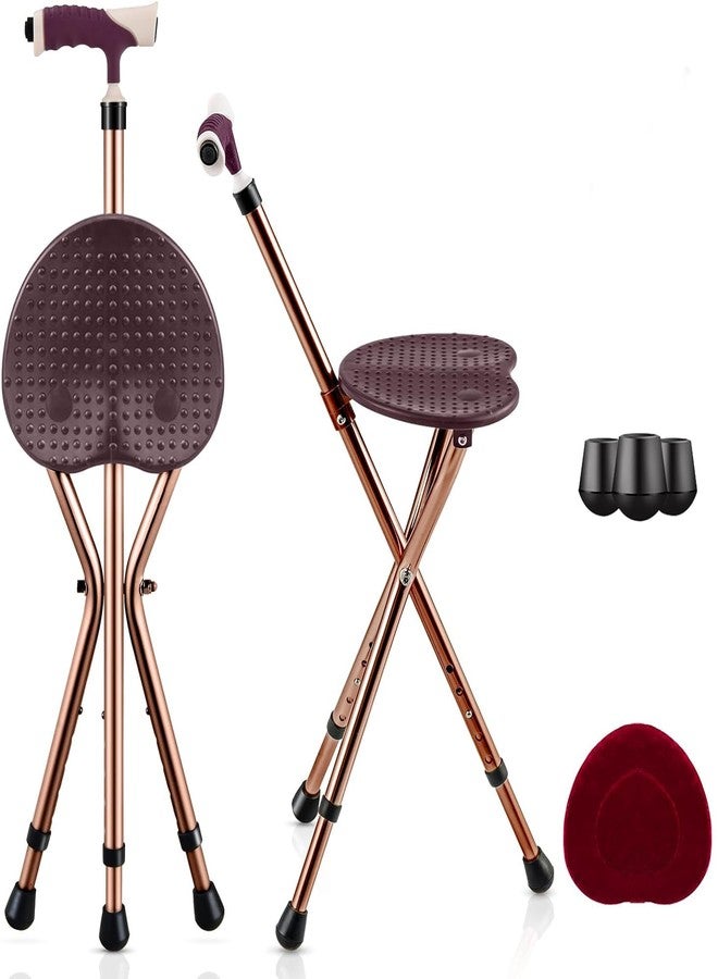 GYMAX Walking Stick Chair Combo, Folding Cane Seat with LED Light, Massage Seat Board & Ergonomic Handle, Adjustable Anti-Skid Walking Stick with Stool, Lightweight Outdoor Travel Rest Stool (Coffee) - Image 1