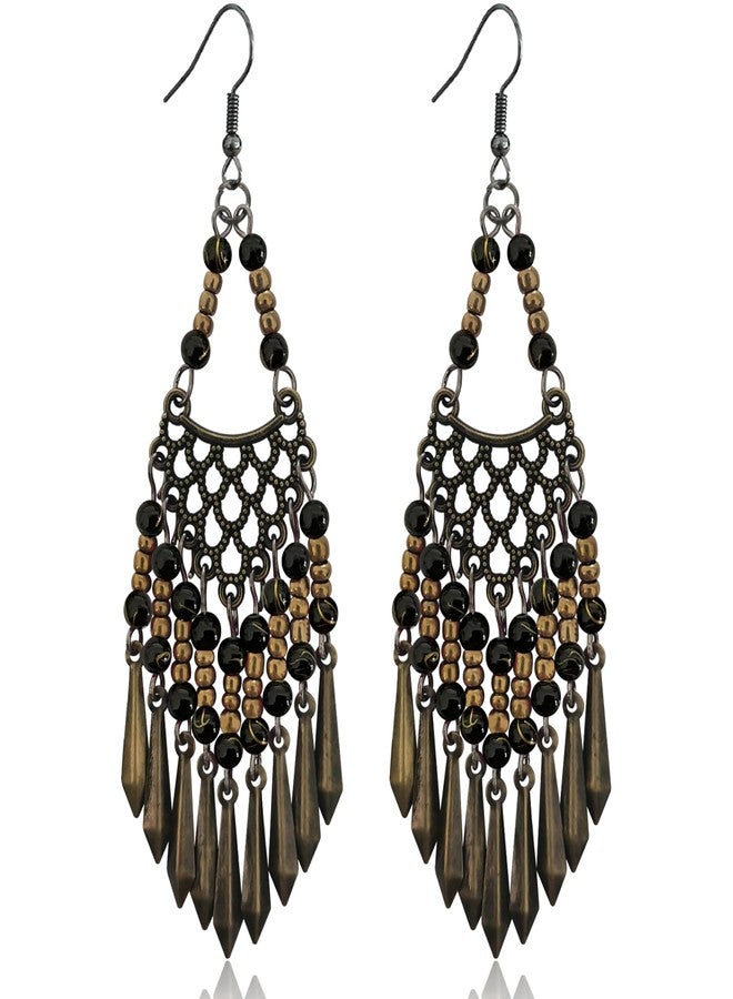 KVANU Handmade Vintage Bronze Bohemian Long Tassel Colorful Bead Dangle Drop Earrings Big Tribal Chandelier Geometry Hook Earrings for Women Statement Jewelry Gifts (Black) - Image 1