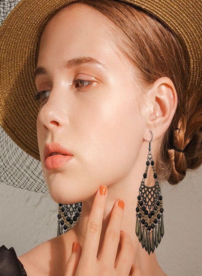 KVANU Handmade Vintage Bronze Bohemian Long Tassel Colorful Bead Dangle Drop Earrings Big Tribal Chandelier Geometry Hook Earrings for Women Statement Jewelry Gifts (Black) - Image 5