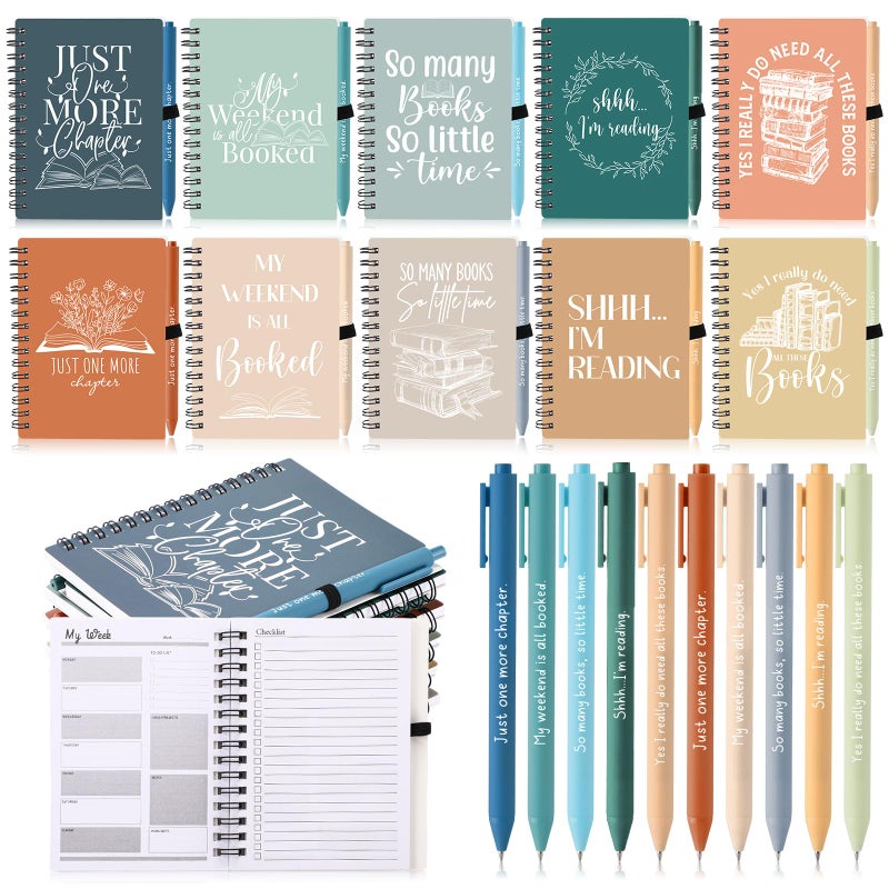Thenshop 10 Set Book Lovers Gifts Inspirational Spiral Notebook Weekly Planner Motivational Pen Reading Book Club Gift for Women Reader Student Librarian(Black)(Healing Color) - Image 1