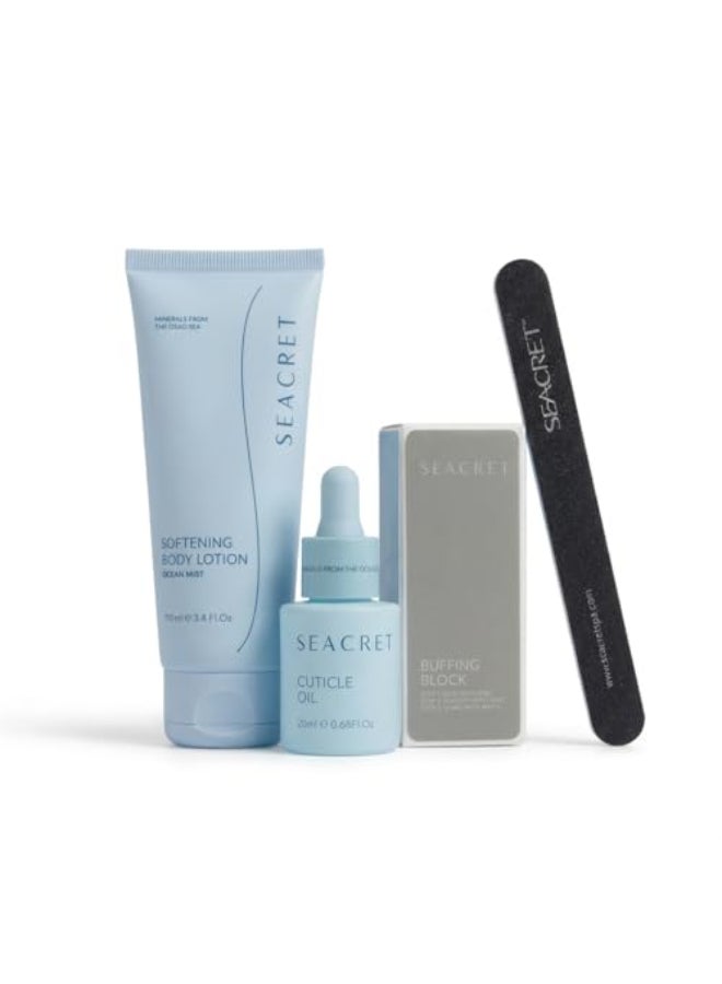 SEACRET Nail Care Kit Luxury Dead Sea Spa Gift Set for Women Complete Manicure System with Cuticle Oil Buffer Block FullSize Body Lotion Natural Nail Repair Shine ParabenFree 4Piece Kit - Image 1