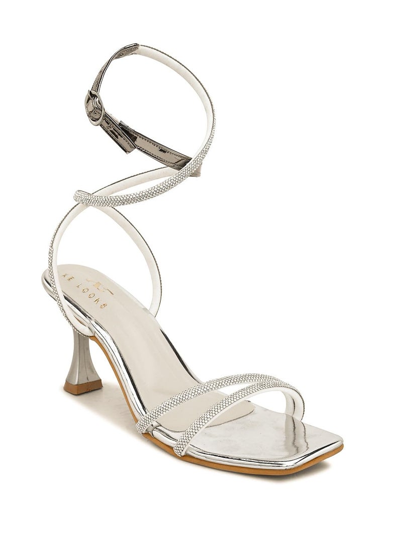 XE Looks Silver Fashion Sandals | Faux Leather Comfortable,Trendy and Stylish Block Heel | For Wedding Occasion 3 Inches Heel | For Girls - Image 4