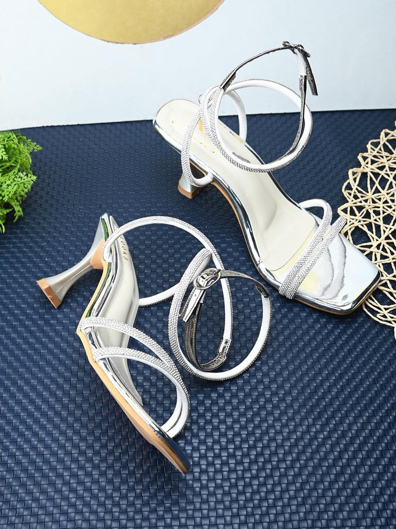 XE Looks Silver Fashion Sandals | Faux Leather Comfortable,Trendy and Stylish Block Heel | For Wedding Occasion 3 Inches Heel | For Girls - Image 2
