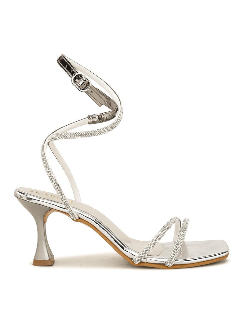 XE Looks Silver Fashion Sandals | Faux Leather Comfortable,Trendy and Stylish Block Heel | For Wedding Occasion 3 Inches Heel | For Girls - Image 5