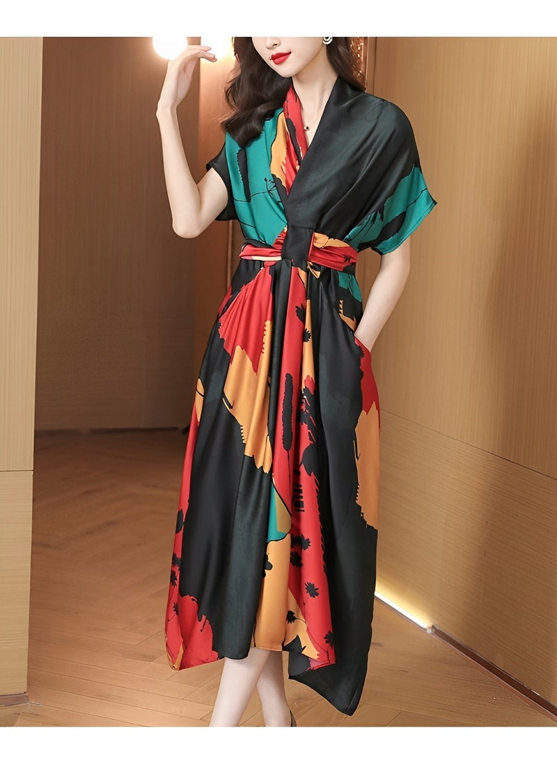REOCLE Women's Satin Dress with Print Elegant Silk Dress A-Line Flowy Long Dress V Neck Short Sleeve Satin Dress - Image 3