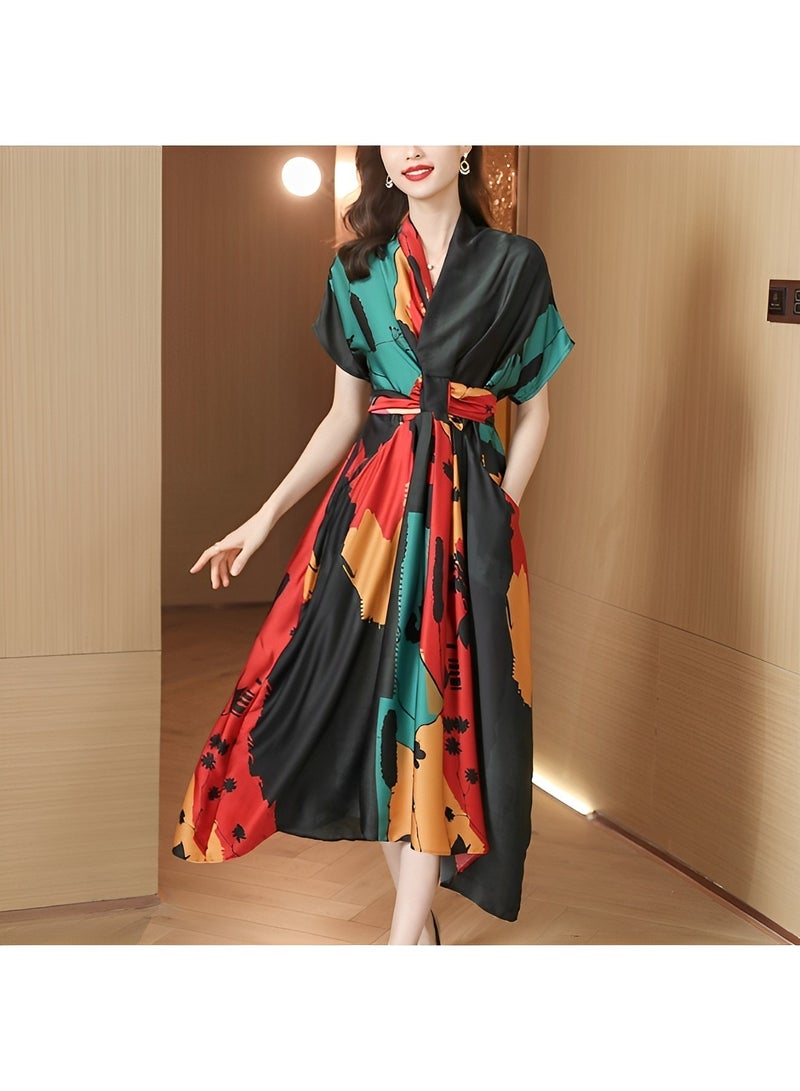 REOCLE Women's Satin Dress with Print Elegant Silk Dress A-Line Flowy Long Dress V Neck Short Sleeve Satin Dress - Image 1