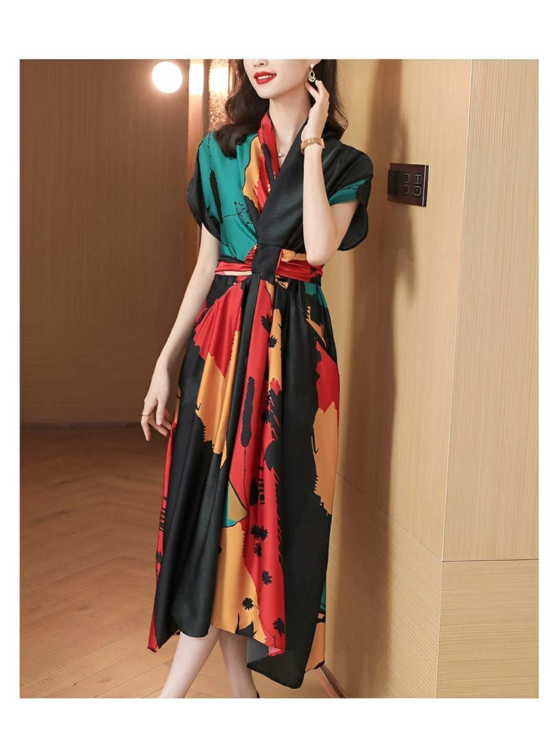 REOCLE Women's Satin Dress with Print Elegant Silk Dress A-Line Flowy Long Dress V Neck Short Sleeve Satin Dress - Image 4