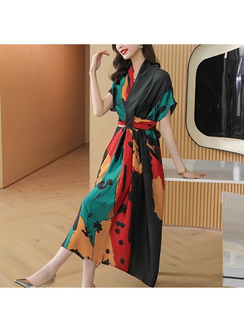 REOCLE Women's Satin Dress with Print Elegant Silk Dress A-Line Flowy Long Dress V Neck Short Sleeve Satin Dress - Image 2