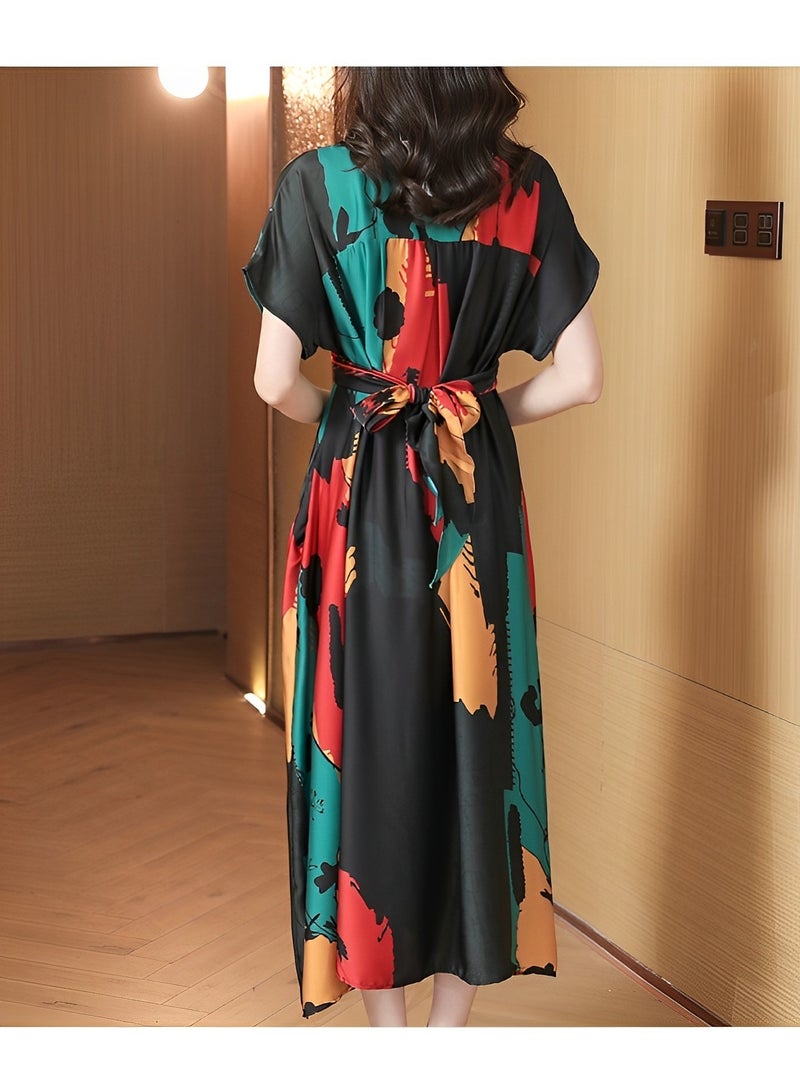REOCLE Women's Satin Dress with Print Elegant Silk Dress A-Line Flowy Long Dress V Neck Short Sleeve Satin Dress - Image 5