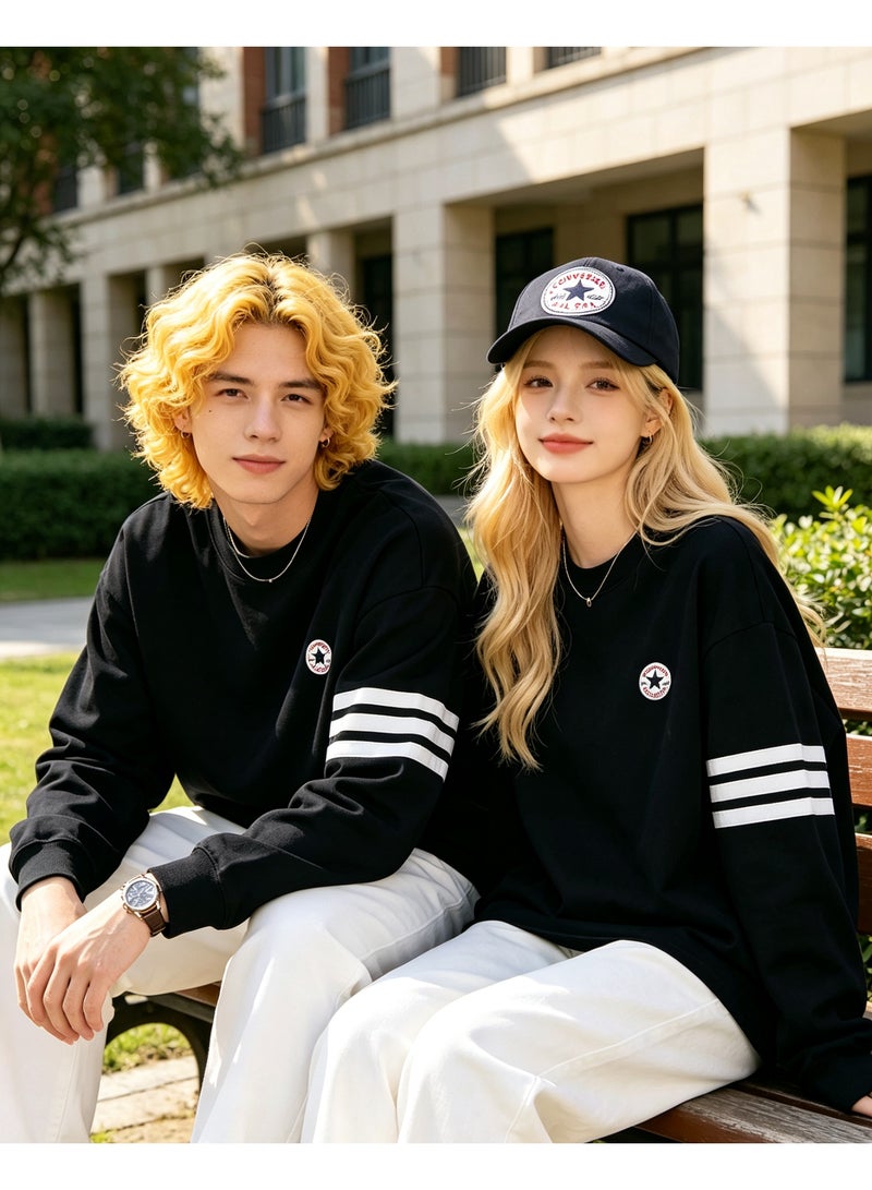 Converse Casual Crew Neck Long Sleeve Sweatshirt, Loose Fit Couple Sweatshirt, Daily Streetwear for Men & Women, Black - Image 5