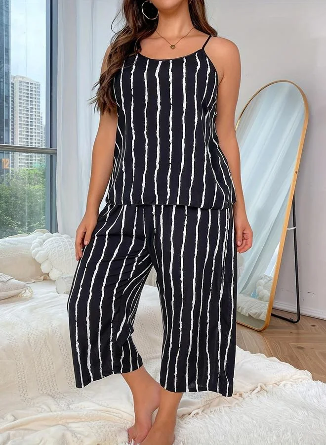 Take Two Women's Plus Size Striped Print Cami Top With Pants Set