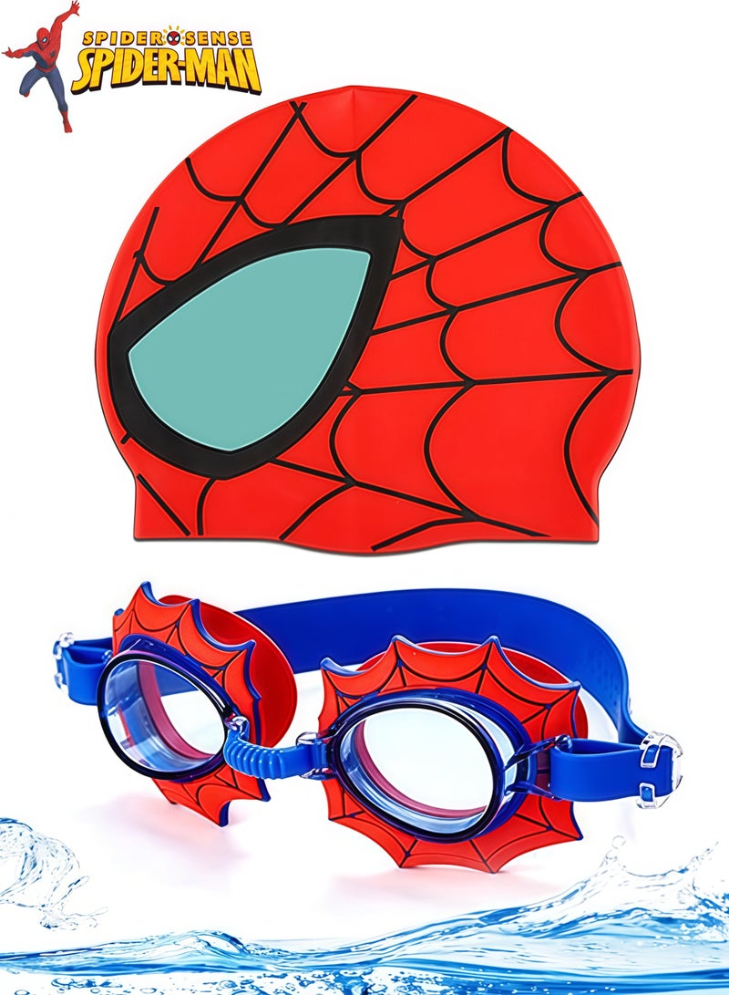 SPIDERMAN Kids Spider-Man Swimming Cap & Goggles Set, Cartoon Marvel Spider Man Silicone Swim Hat Anti-Fog Waterproof Swimming Glasses for Boys Pool Beach Water Sports - Image 1