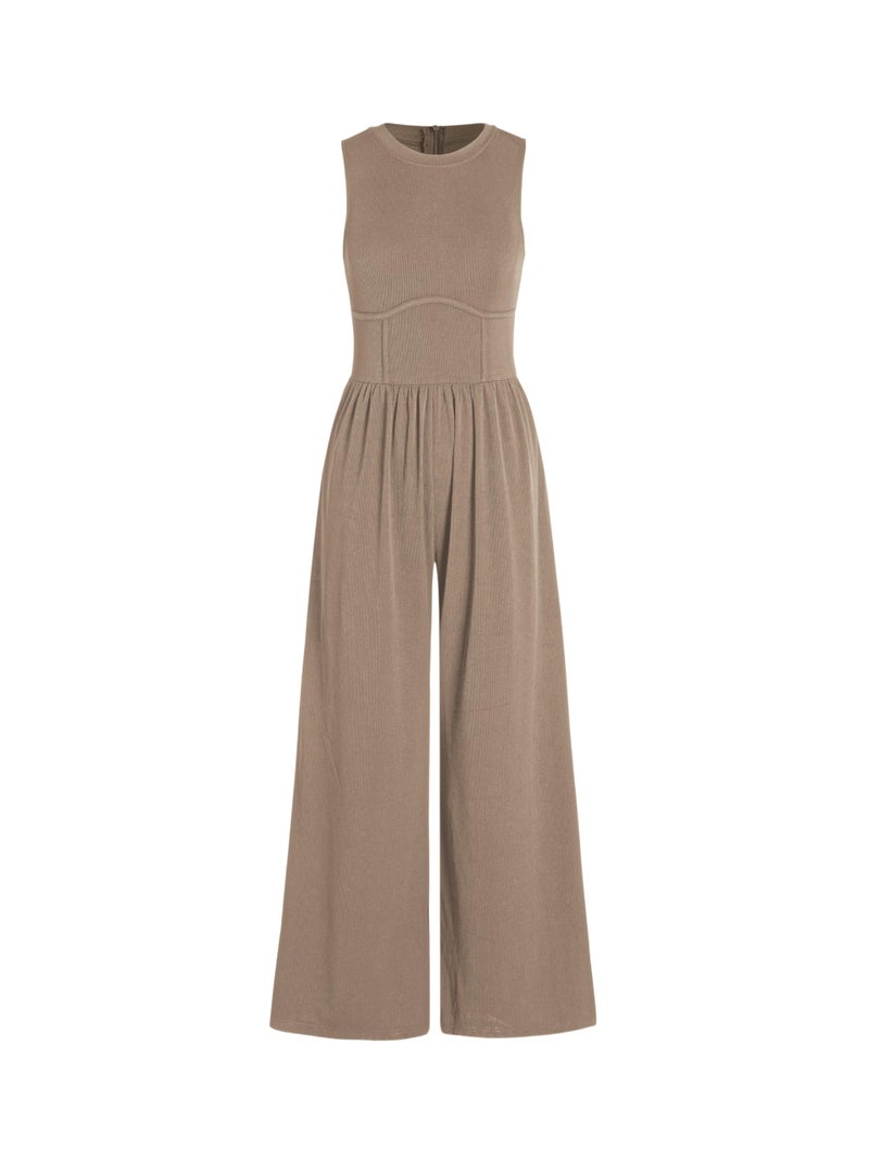 CIDER Jumpsuits for Women Sleeveless Wide Leg Overalls Dressy Crewneck One Piece Jumpsuits with Pockets Summer Fall: Khaki, M - Image 1