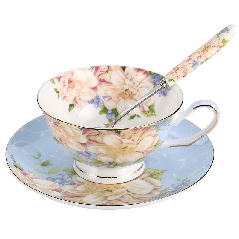 JinGlory Blue Tea CupFloral Tea Cup and Saucer SetBone China Tea SetCoffee CupTea Set for AdultsFriendsWomenMen7OZ