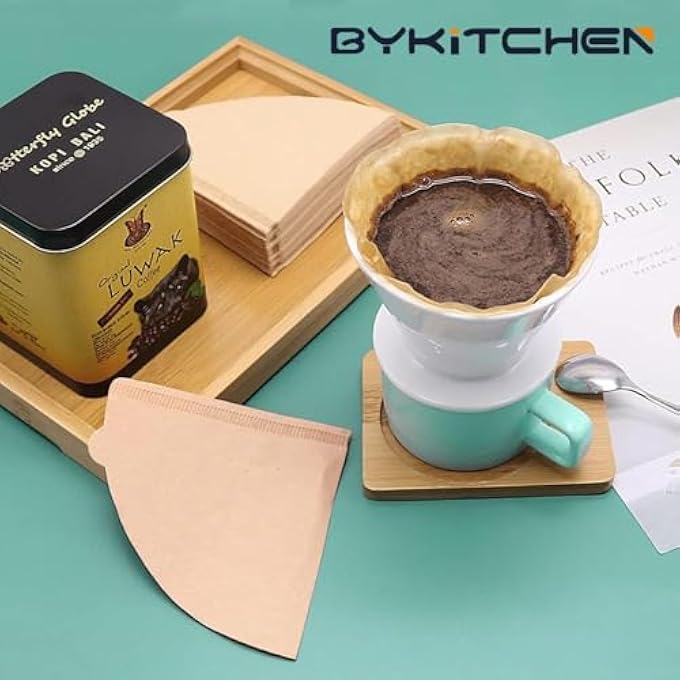 BYKITCHEN فلاتر قهوة صغيرة مكونة من 100 فلتر قهوة مخروطي قابل للاستخدام مرة واحدة، ورق، فلاتر ورقية طبيعية للصب فوق القهوة، وجهاز تنقيط القهوة وماكينة القهوة - Image 2
