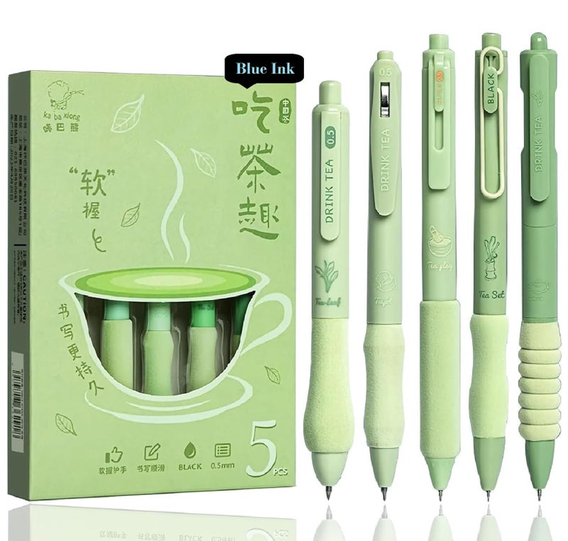 SHUTTLE ART Gel Pens 5Pcs Retractable Quick Dry Ink Pens 0.5mm Fine Point Blue Ink Smooth Writing Pens for School Office Supplies Aesthetic pretty pens (Green tea) - Image 1