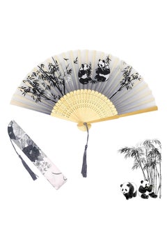 SYOSI Folding Hand Fans, Bamboo Handheld Silk Fans - Chinese Vintage Style Handheld Silk Folding Fan with Silk Storage Bag for Birthday Wedding Party Decoration (Grey-panda)  - Image 1
