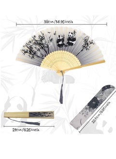 SYOSI Folding Hand Fans, Bamboo Handheld Silk Fans - Chinese Vintage Style Handheld Silk Folding Fan with Silk Storage Bag for Birthday Wedding Party Decoration (Grey-panda)  - Image 4