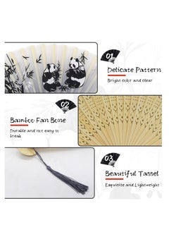 SYOSI Folding Hand Fans, Bamboo Handheld Silk Fans - Chinese Vintage Style Handheld Silk Folding Fan with Silk Storage Bag for Birthday Wedding Party Decoration (Grey-panda)  - Image 5