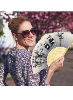 SYOSI Folding Hand Fans, Bamboo Handheld Silk Fans - Chinese Vintage Style Handheld Silk Folding Fan with Silk Storage Bag for Birthday Wedding Party Decoration (Grey-panda)  - Image 3