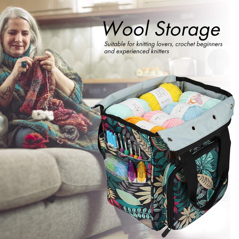 Blue Leaves Knitting Bag Crochet Organizer Durable Fabric Large Capacity Travel Craft Supplies Tote - Image 4