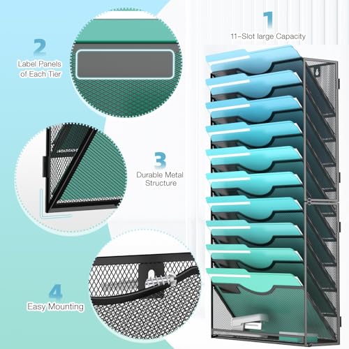 Gawerk 11-Tier Wall File Organizer Hanging Wall File Holder Wall Mount Paper Folder Organize, Mesh Magazine Document Mail Organizer Wall Organizer for Office School Home, Black - Image 3