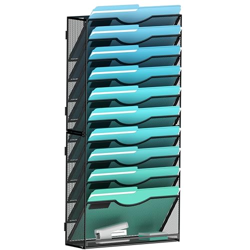Gawerk 11-Tier Wall File Organizer Hanging Wall File Holder Wall Mount Paper Folder Organize, Mesh Magazine Document Mail Organizer Wall Organizer for Office School Home, Black - Image 1