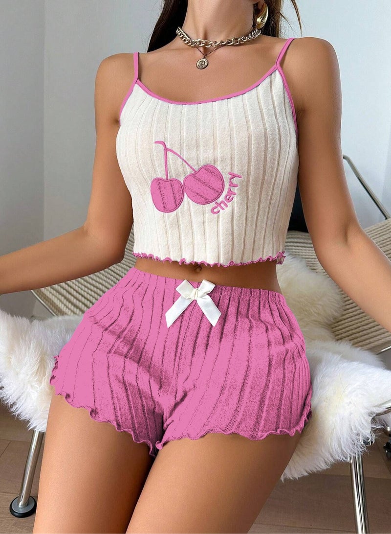 European American Style Cherry Embroidery Women's Pajamas - Brushed Fleece Sling Vest & Shorts Set