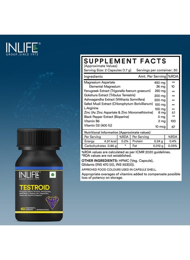 Inlife مكمل دعم التستوستيرون INLIFE للرجال | زنك مونو ميثيونين، مغنيسيوم أسبارتات، تريبولوس، أشواغاندا، سافيد موسلي للطاقة، القوة، التحمل والرفاهية العامة - 60 كبسولة نباتية - Image 2