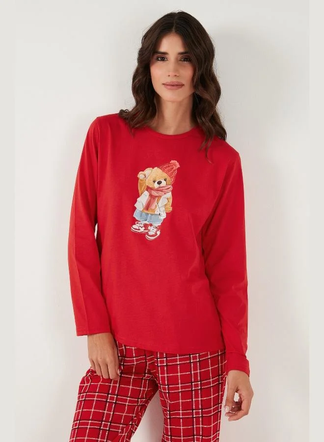 ليلا طقم بيجامة قطن ليلا نسائي مطبوع بياقة دائرية بقصة عادية