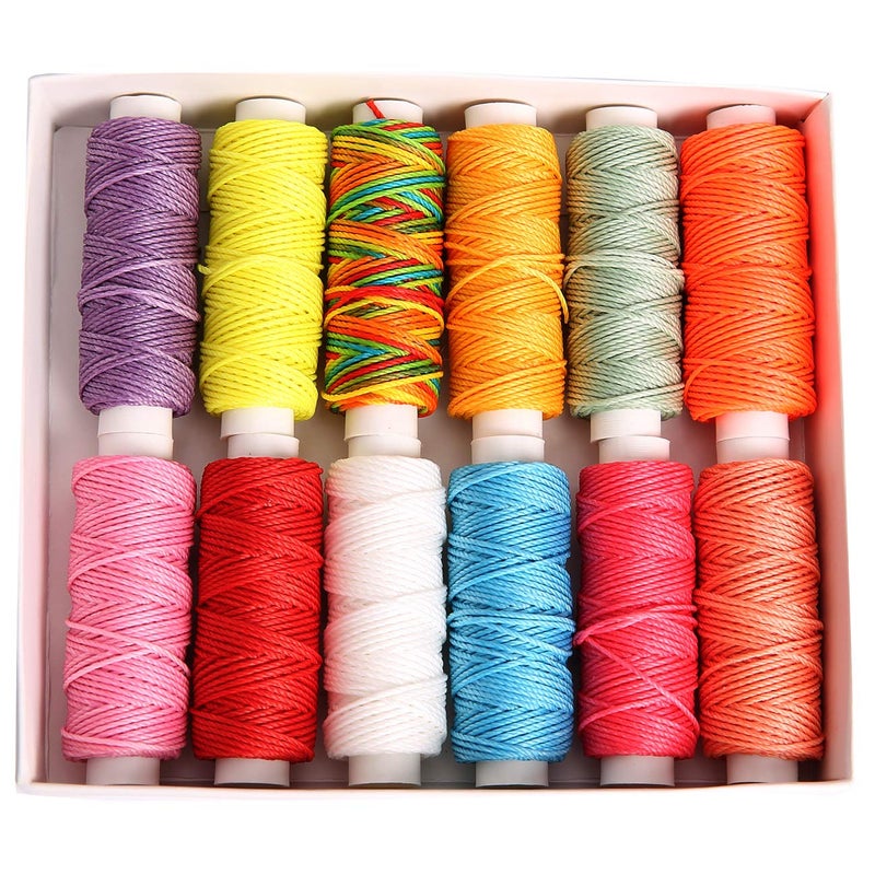 FANDOL Waxed Cords Polyester Leather Sewing Thread Wax Strings for Macrame DIY Bracelets Handcraft or Leather Projects 12 Bright Colors