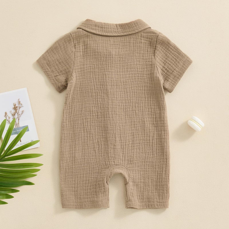 Honganda Summer Baby Boy Cotton Linen Jumpsuit Short Sleeve Button Down Playsuit Romper One Piece Outfit 0-24M (Khaki, 3-6 Months) - Image 3