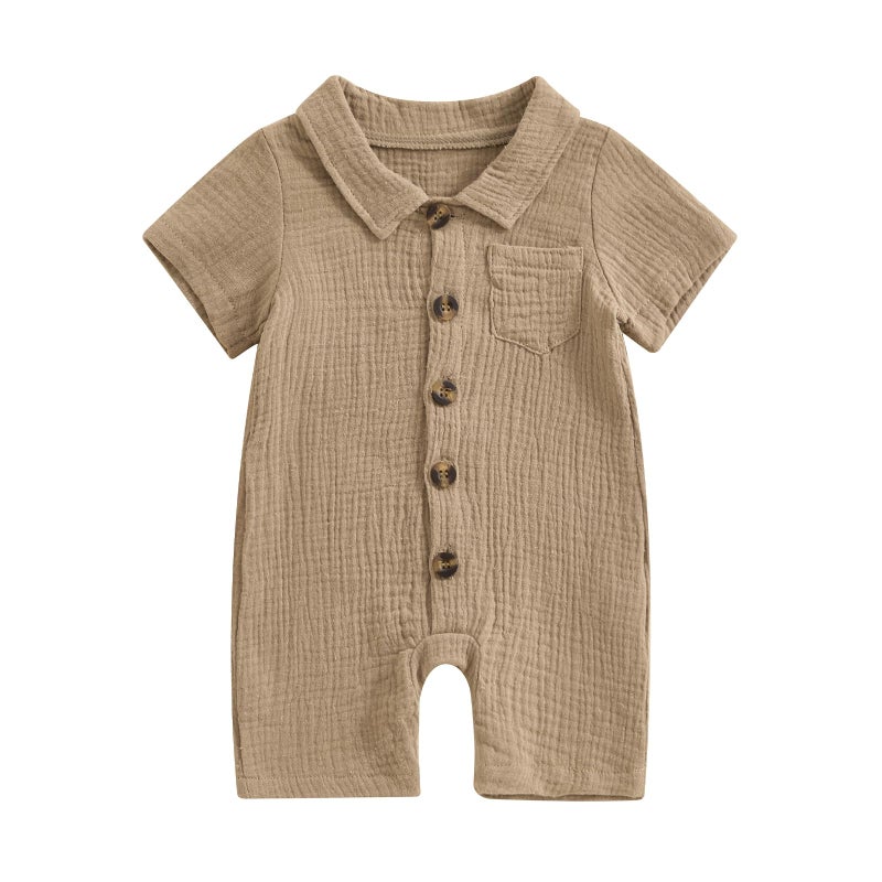 Honganda Summer Baby Boy Cotton Linen Jumpsuit Short Sleeve Button Down Playsuit Romper One Piece Outfit 0-24M (Khaki, 3-6 Months) - Image 1