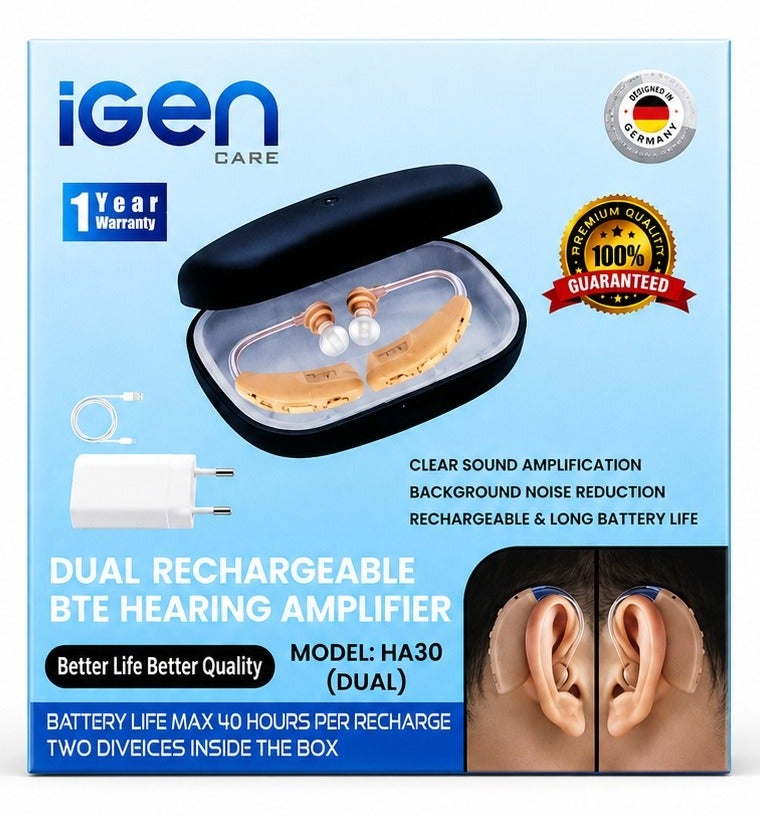 iGen Dual Rechargeable BTE Hearing Amplifier HA30 Behind The Ear Sound Amplifier with Charging Base for Clear Daily Listening Support