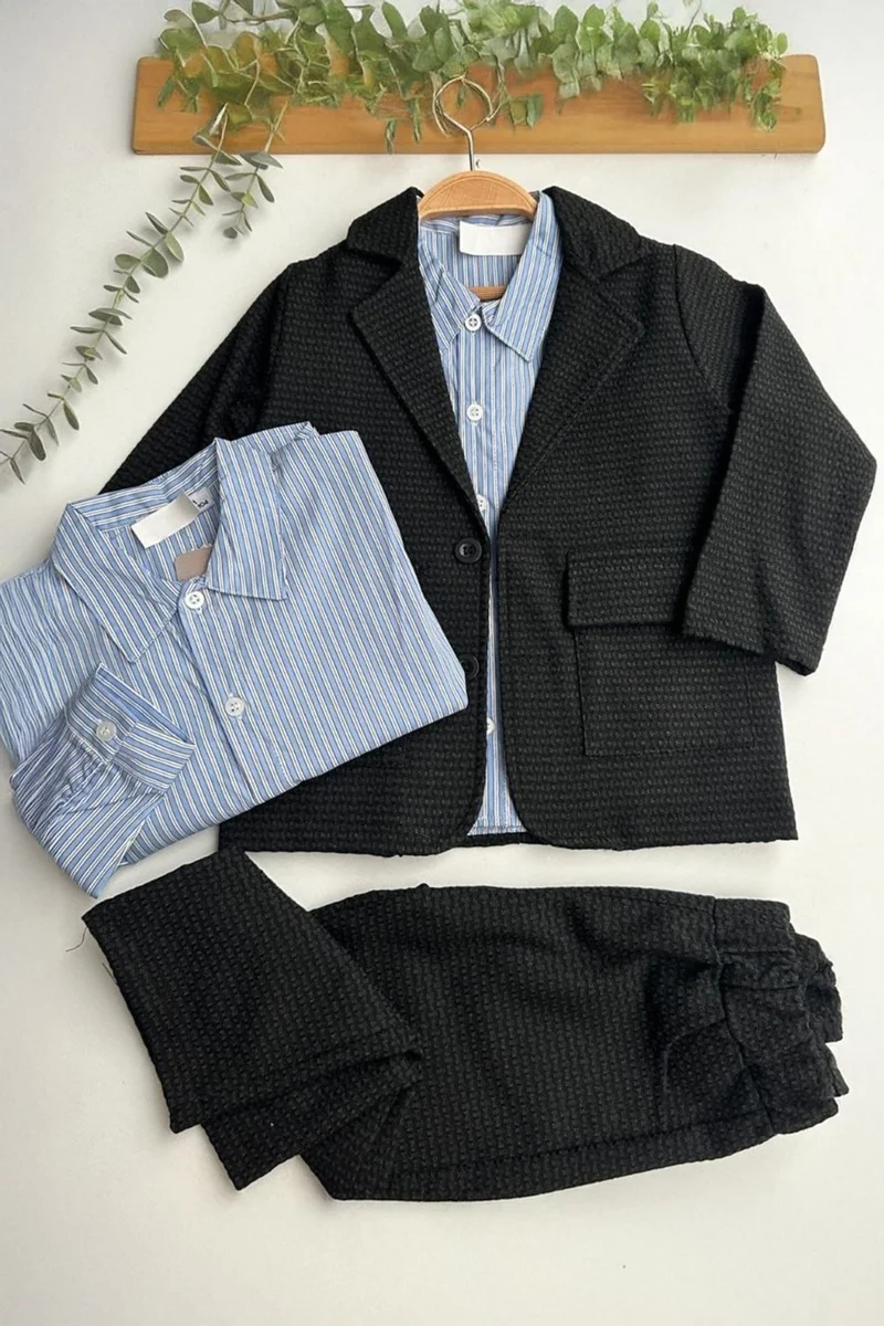 Miniğimin Cicileri My Little Ones Stylish Blazer Jacket, Striped Shirt and Trousers Boy's Set - Black