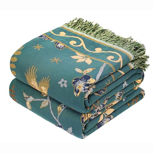 VANJOROY Boho 100 Organic Cotton Muslin Throw Blanket 50 x 60 All Season Rustic Ultra Soft Breathable Floral Bird Blanket for Bed Sofa Couch Chair Bedspread Quilt GiftTealBeige - Image 1