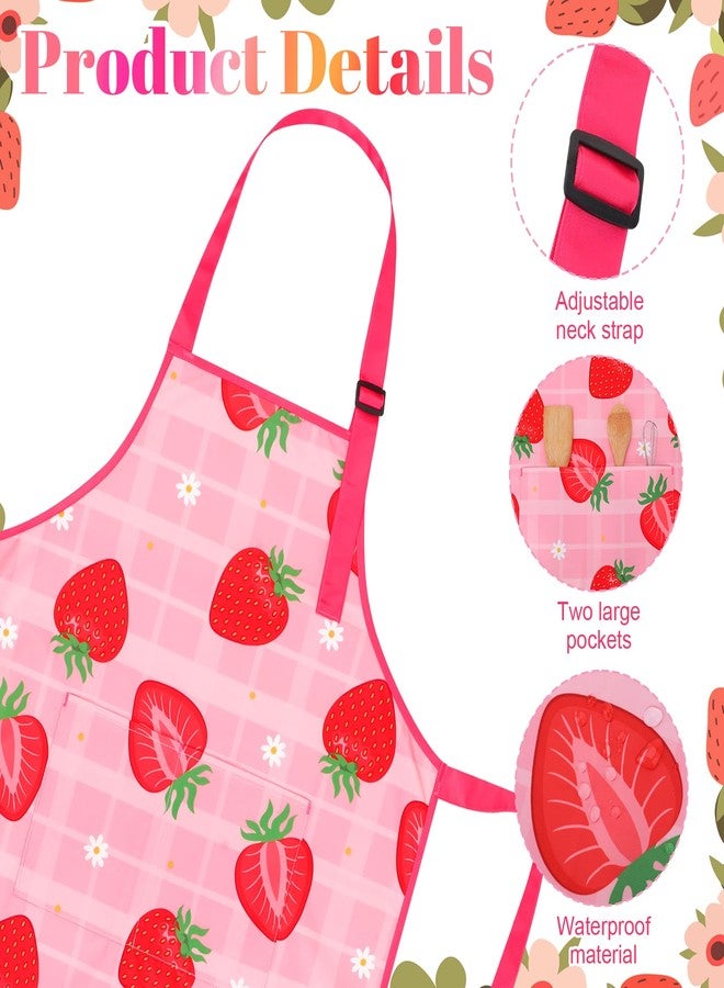 XLSXEXCL 2 Pack Strawberries Kids Aprons, Adjustable Kids Cooking Aprons with 2 Pockets, Toddler Artist Smocks for Girls and Boys for Cooking, Baking, Painting (Cute Strawberry) - Image 3