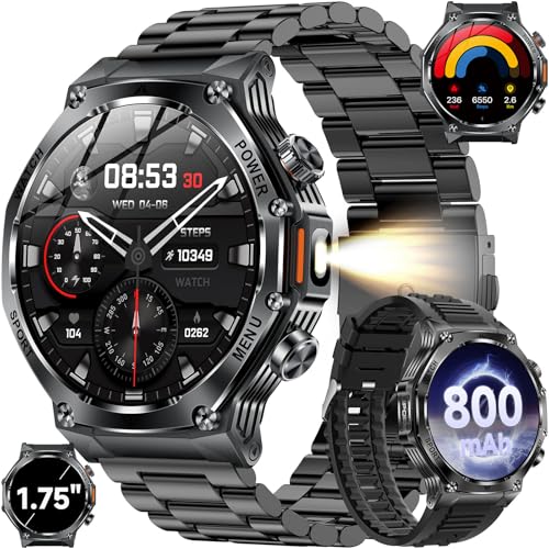 KPEP Military Watches for Men with 2 Straps Bluetooth Call 175 HD Screen Military Watch with Flashlight 800mAh Battery SpO2 Heart Rate Sleep Monitor IP68 Waterproof Smartwatches for Android iOS - Image 1