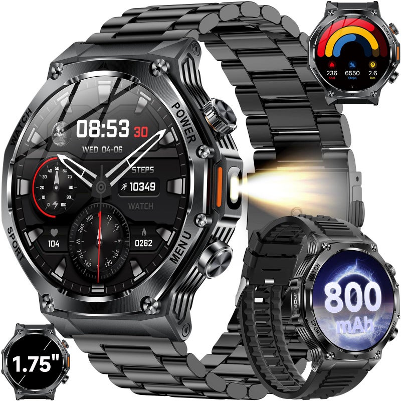 KPEP Military Watches for Men with 2 Straps Bluetooth Call 175 HD Screen Military Watch with Flashlight 800mAh Battery SpO2 Heart Rate Sleep Monitor IP68 Waterproof Smartwatches for Android iOS - Image 2