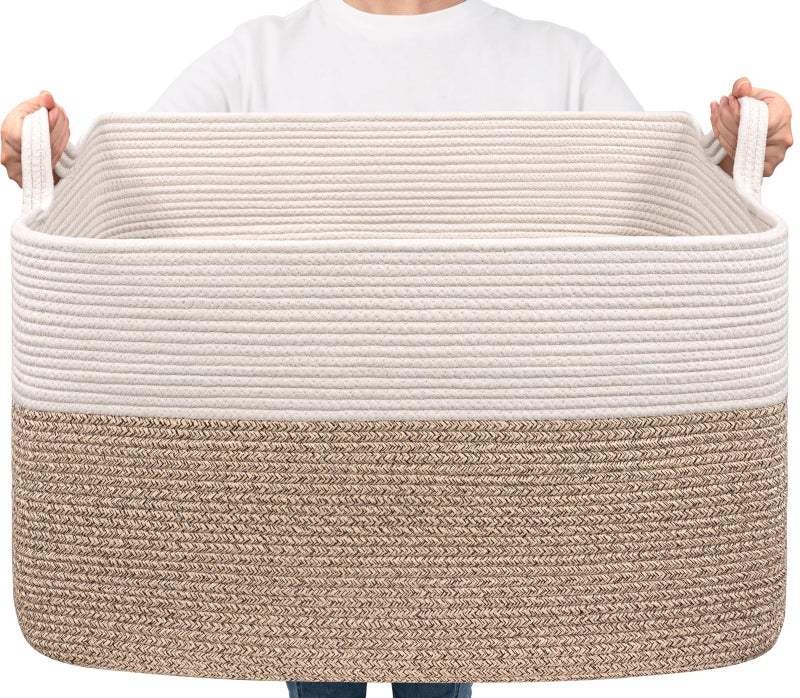 Goodpick Extra Large Woven Blanket Basket, 23.6" x 15.7" x 13.8" Storage Organizer for Blankets, Toys, Dirty Clothes, Rectangle Cotton Rope Basket for Living Room, Nursery, Bedroom - Image 1