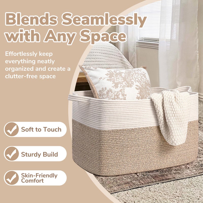 Goodpick Extra Large Woven Blanket Basket, 23.6" x 15.7" x 13.8" Storage Organizer for Blankets, Toys, Dirty Clothes, Rectangle Cotton Rope Basket for Living Room, Nursery, Bedroom - Image 5