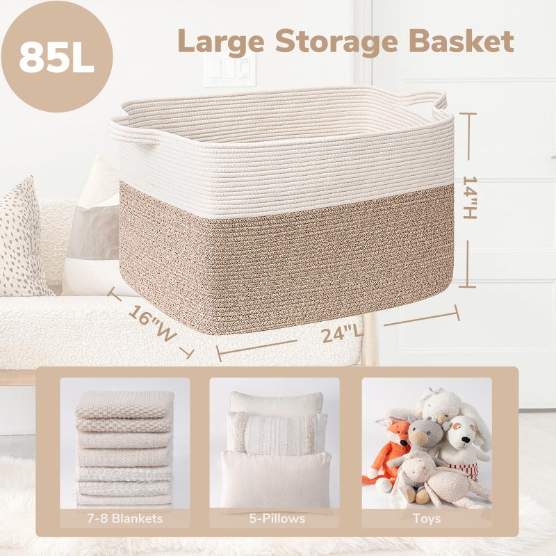 Goodpick Extra Large Woven Blanket Basket, 23.6" x 15.7" x 13.8" Storage Organizer for Blankets, Toys, Dirty Clothes, Rectangle Cotton Rope Basket for Living Room, Nursery, Bedroom - Image 3