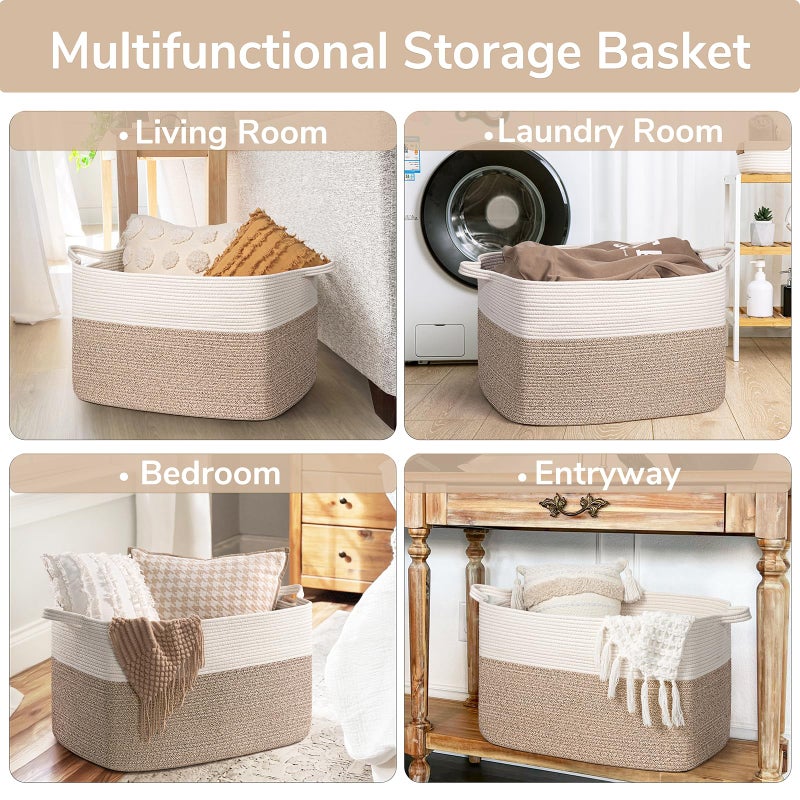 Goodpick Extra Large Woven Blanket Basket, 23.6" x 15.7" x 13.8" Storage Organizer for Blankets, Toys, Dirty Clothes, Rectangle Cotton Rope Basket for Living Room, Nursery, Bedroom - Image 4
